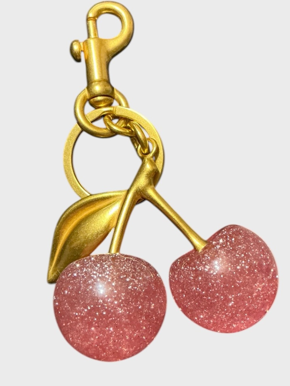 Glitter Cherry Bag Charm Large Pink Sparkle Keychain Gold Tone Cute - Picture 3 of 3